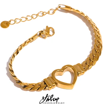 18k Gold Color Love Heart Cuban Chain Stainless Steel Metal Bangle Bracelet