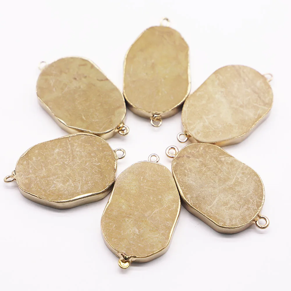 New Natural Stone Oval Pendants Connector Section Mineral Healing Silver Edge Necklace Charms Diy Fashion Jewelry Wholesale 6Pcs
