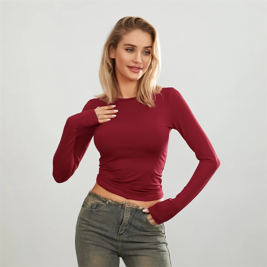 Camisetas básicas de Color liso para mujer, camisetas informales de manga larga, jerséis ajustados para otoño y primaver