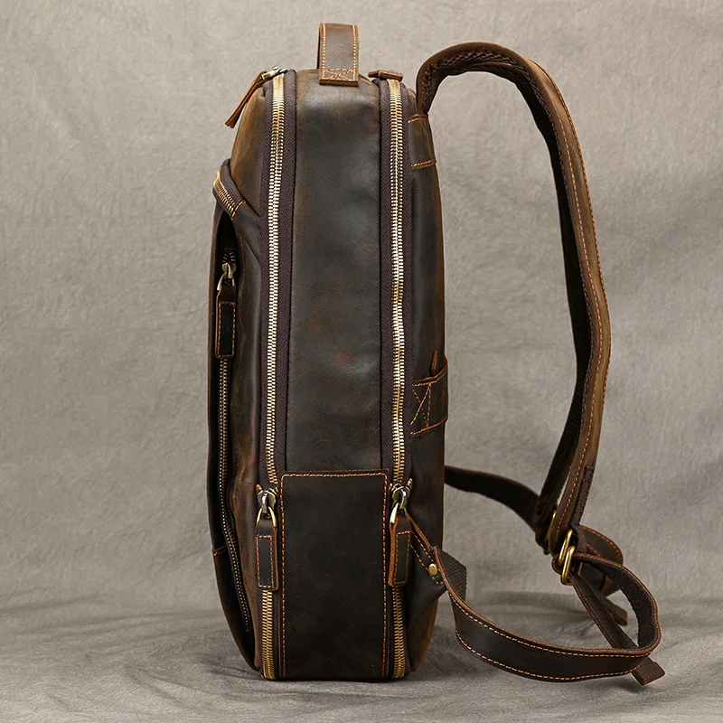 2024Vintage Travel Backpack leather double zipper bagpack male crazy horse leather backpack handmade leather travel bag men bag