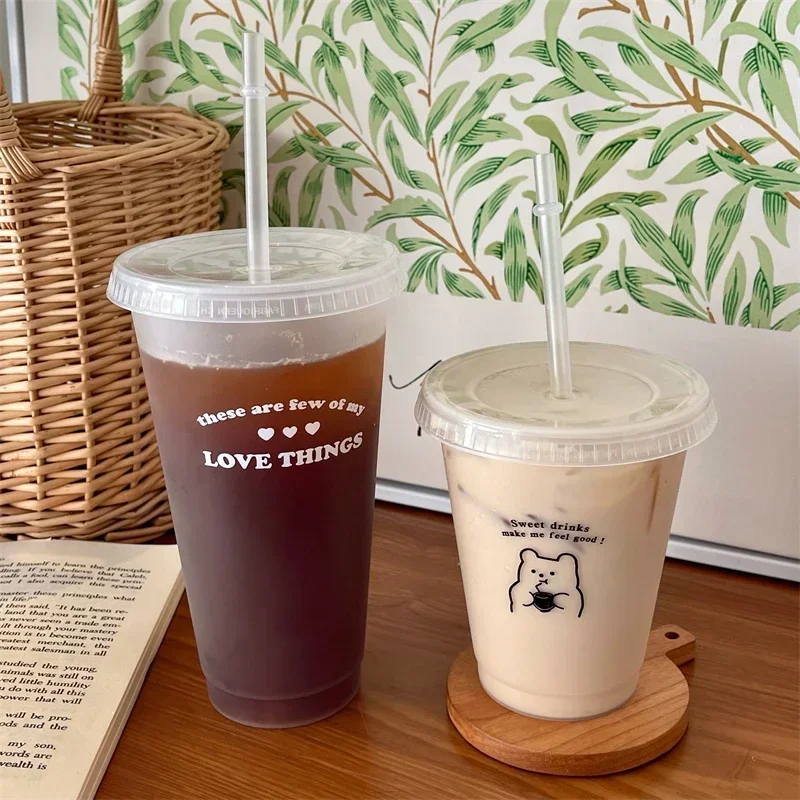 470/700ml 귀여운 한국어 스타일 PP 소재 휴대용 물병 커피 주스 우유 차 컵 플라스틱 쿨 컵 뚜껑 짚 재사용 가능