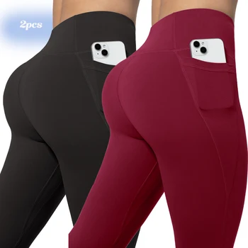 2PCS Pockets Gym Yoga Leggings Women Pure Color Casual Outdoors High Waist Skinny Leggings Of Women Running Pants
