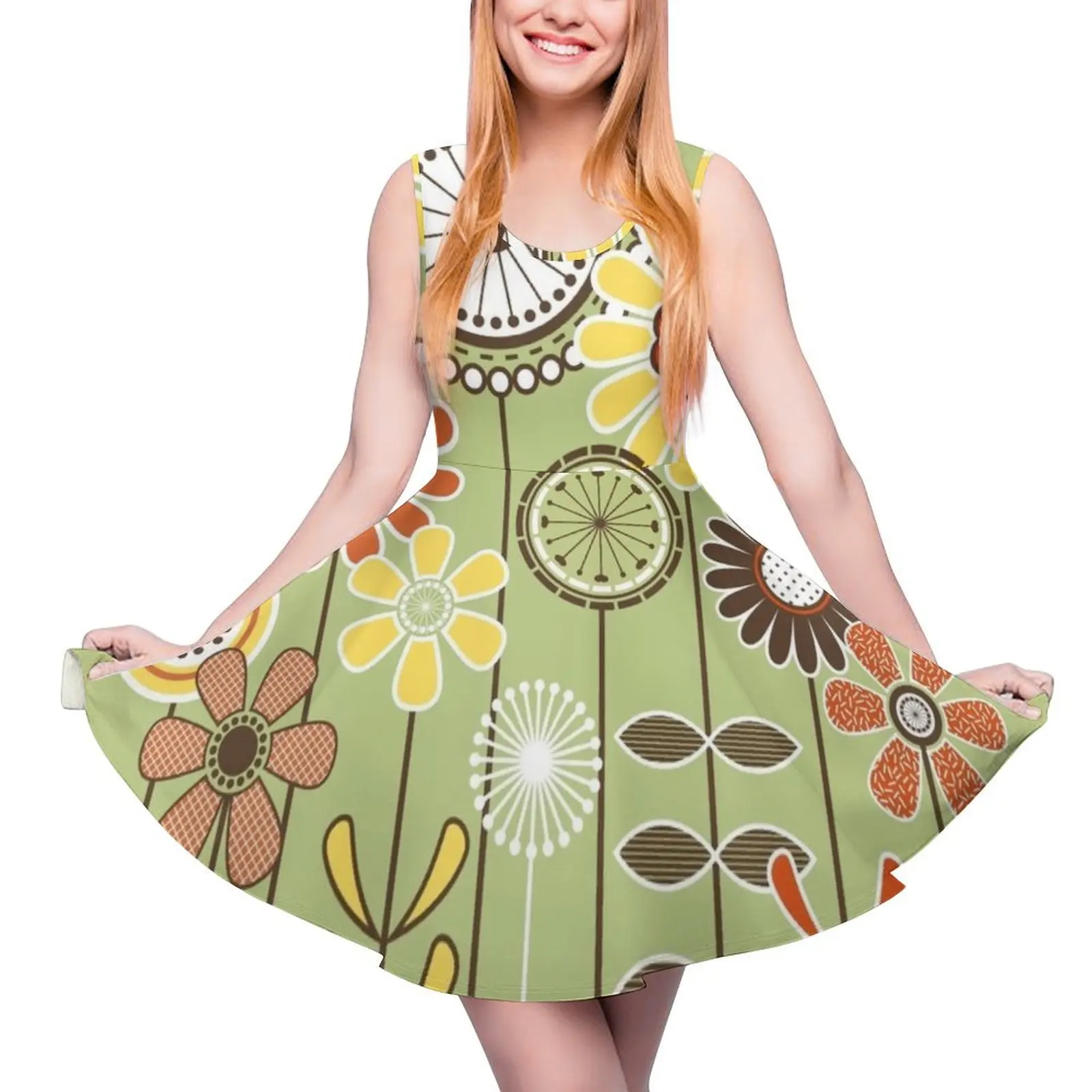 

Cute Flower Mid Century Modern Print - Green Brown Orange Yellow Round Neck Dress chic and elegant evening dress