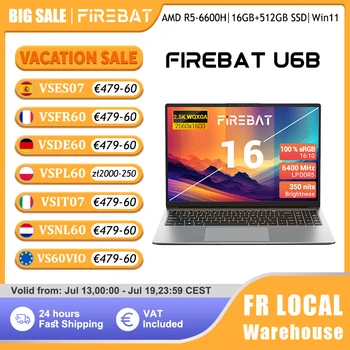 Firebat U6B Laptop AMD R5 6600H DDR5 16GB 512GB SSD 16 Inch 2.5K 120hz IPS Windows 11 Type-C WIFI6 Full-size Keyboard Notebook