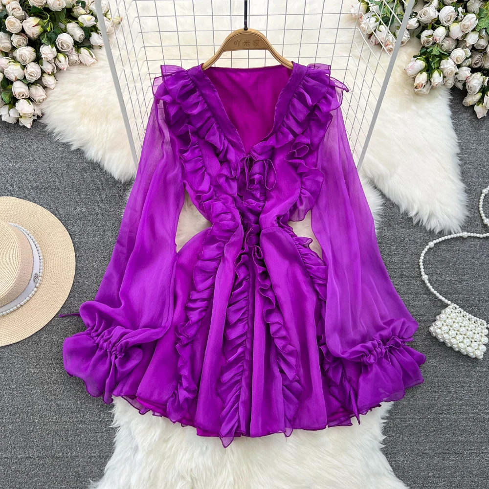 

Spring Autumn Fashion Super Immortal Sweet Beach Vacation Long Sleeve Ruffled Dress Women V-neck Waist Show Thin Purple Dress