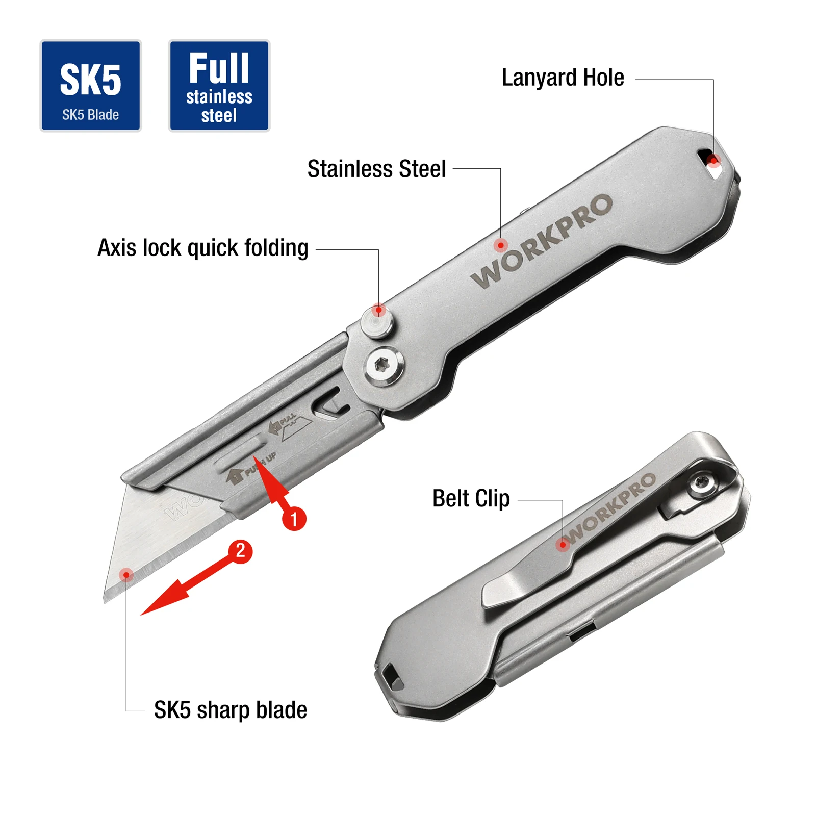 WORKPRO EDC Folding Utility Knife, Mini Box Cutter Quick Change Blade Razor Knife, Foldable Small Pocket Knife with Belt Clip 3
