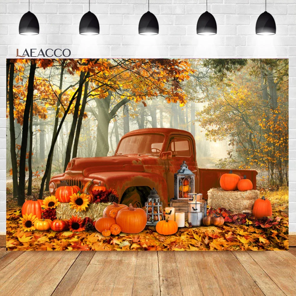 

Laeacco Autumn Background Maple Forest Red Car Pumpkin Thanksgiving Harvest Party Kids Birthday Portrait Photography Backdrop