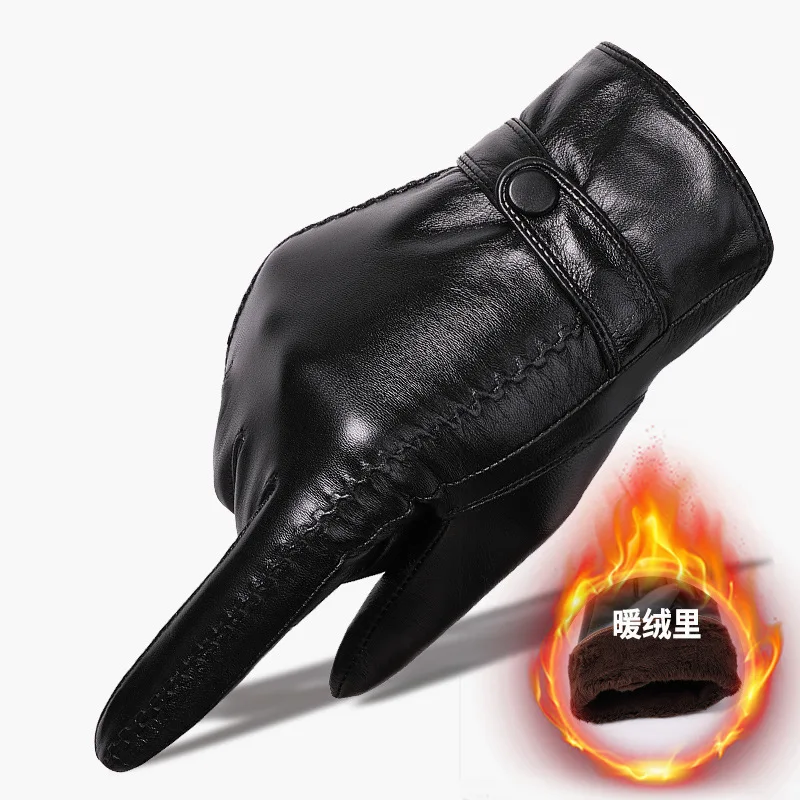 Men's Goat Skin Leather Touch Screen Gloves Plush Lined Thick Autumn Winter Warm Motorcycle Cycling Driving Mittens