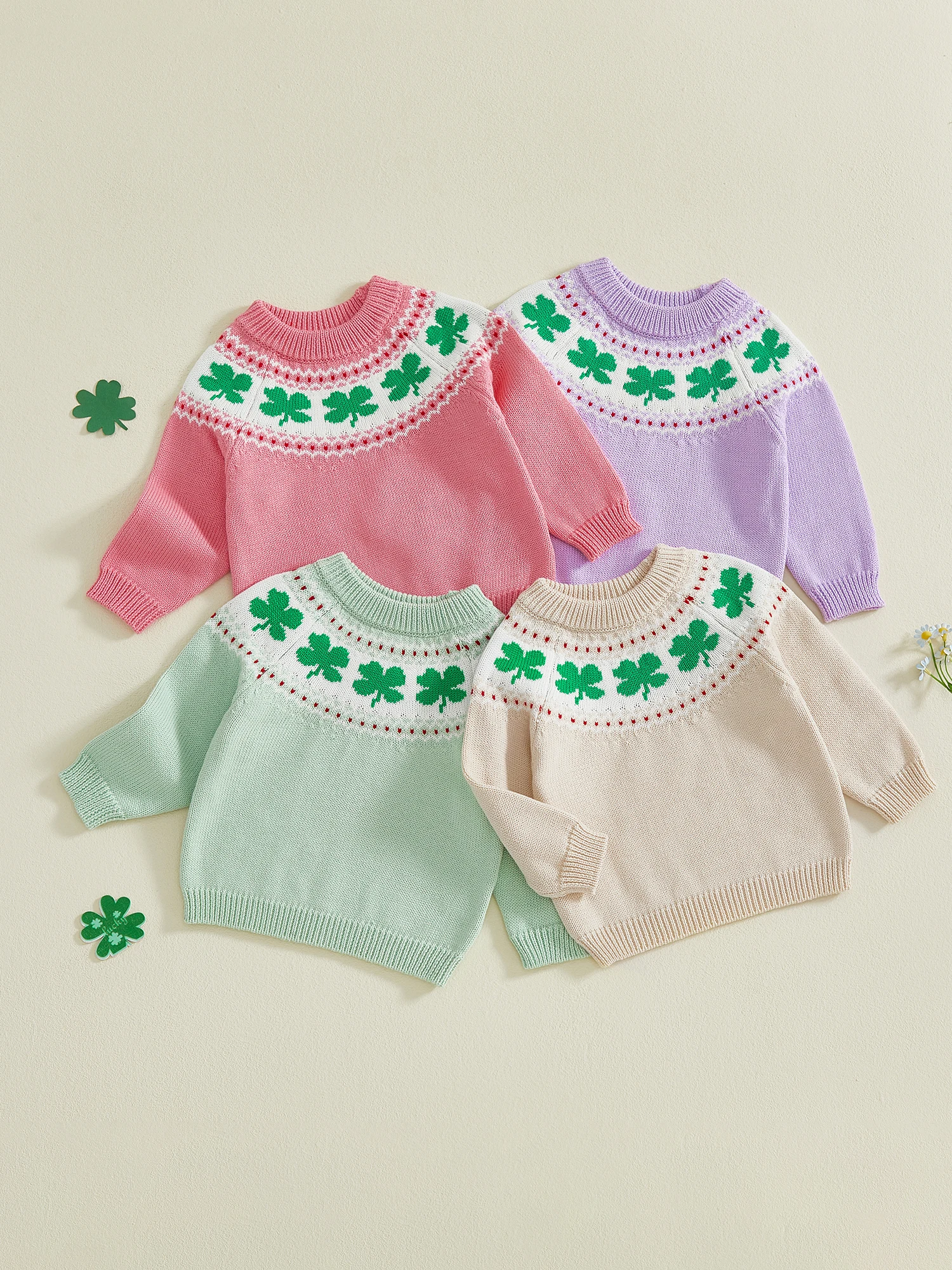 Infant Toddler Cable Knit Sweater with Adorable Shamrock Embroidery Stylish Crew Neck and Long Sleeves for a Fashionable Look