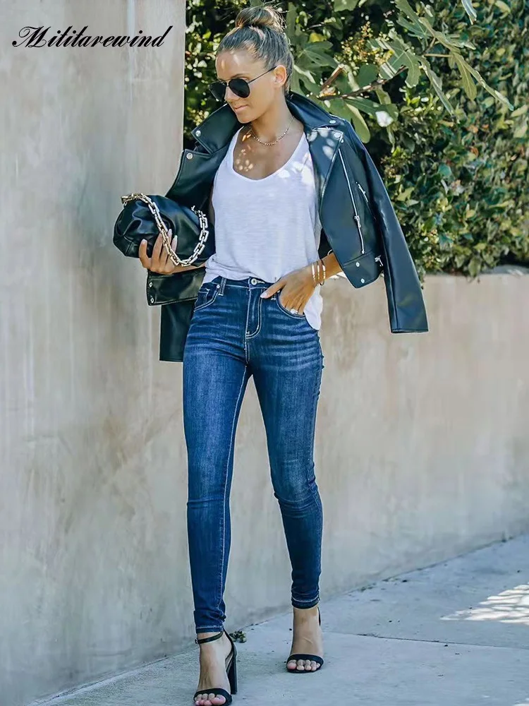 

Washed Denim Pants Women Mid-waist Denim Trousers Women Casual Streetwear Skinny Pencil Pants Stretch Blue Jeans Women S-XXL