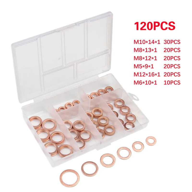 

100/120/180/200pcs Solid Copper Washer Gasket Flat Ring Seal Plain Spacer Washers Fastener with Box M4-M14 for Sump Plugs