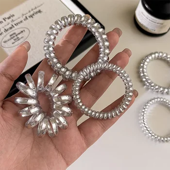 Set di 5 Elastici per Capelli in Stile Europeo e Americano, Argento, a Forma di Cavo Telefonico, per Donne e Ragazze, Accessori per Capelli