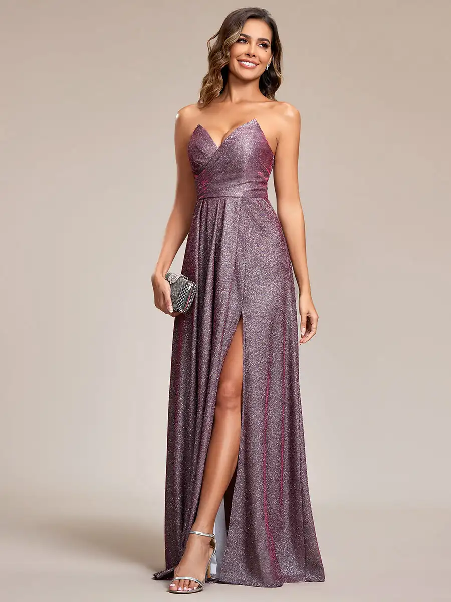 Gorgeous Evening Dresses Deep V-neck Hot Split Pleated Maxi Lacing 2024 Ever pretty of Shiny Metallic Rose Bridesmaid Dresses