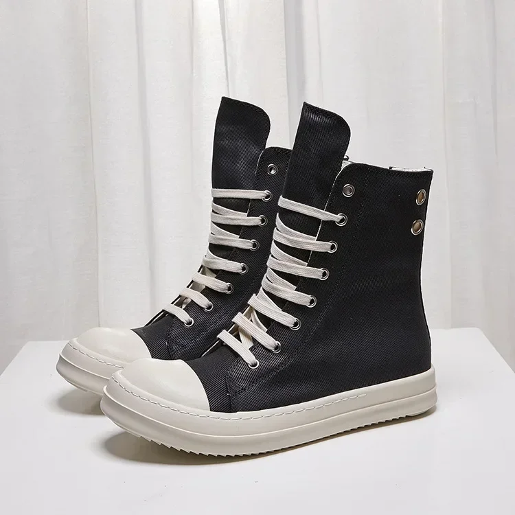 2024ss Ro  Men Shoe Casual High Top Sneaker Quality Black Ankle Boot Fashion Zip Metal O-Wen Platform Canvas Flat Street Shoe 4