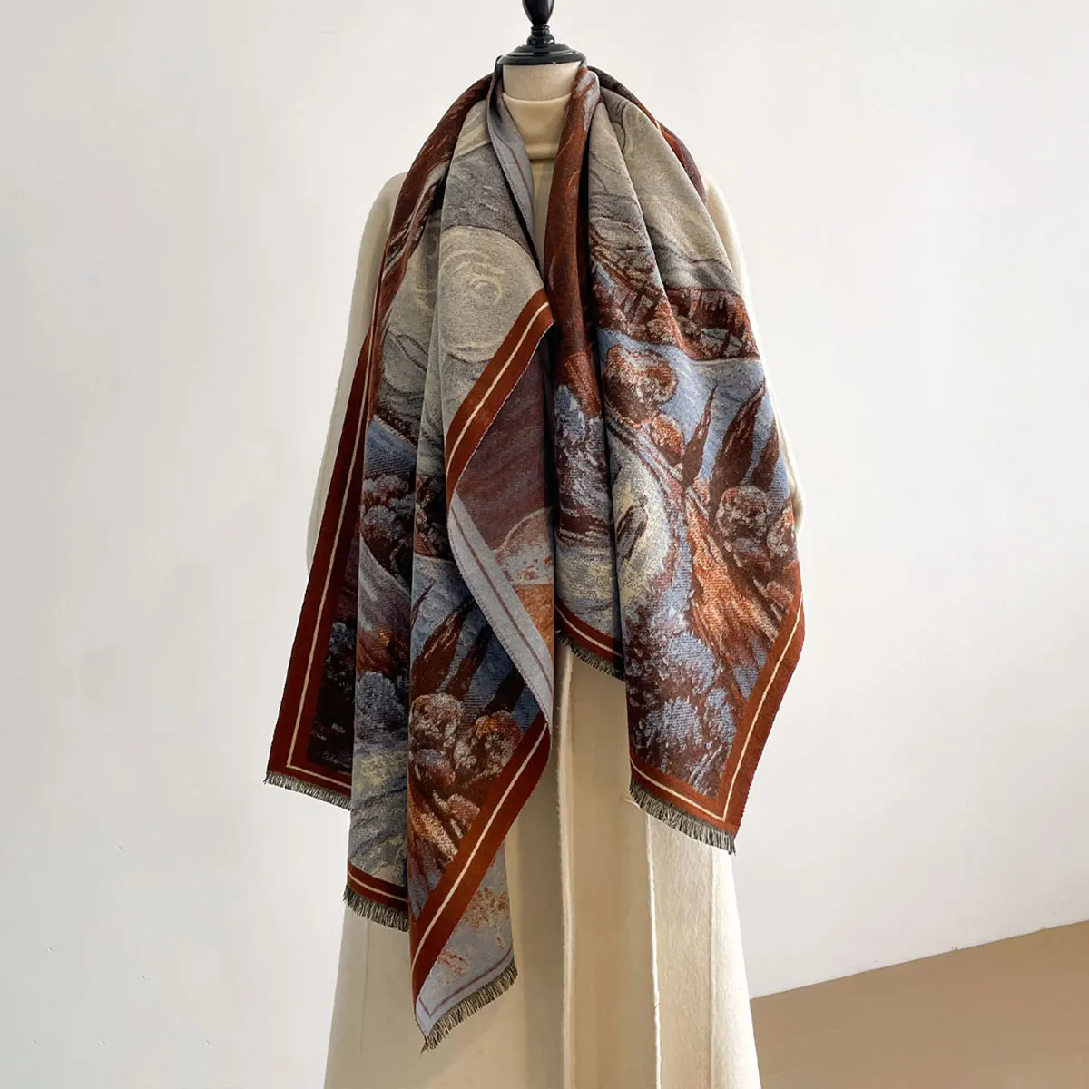 Brand Design Scarves Women Autumn Winter Thicken Scarf Imitation Cashmere Oil Painting Shawl Warm Coldproof Windproof Blanket