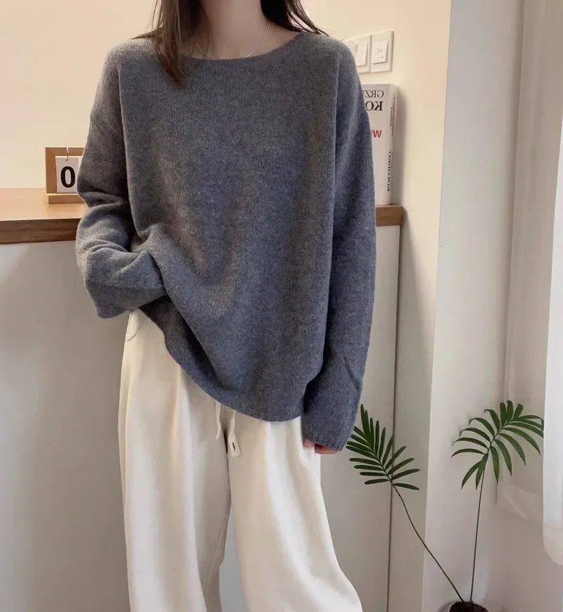 

2023 autumn and winter new 100% cashmere sweater women's crewneck sweater loose bottom pullover