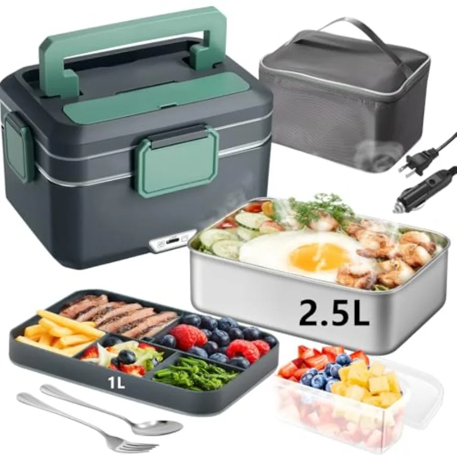 3.5L 2-Layer Electric Lunch Box 90W Efficient Heating Food Warmer with 304 Stainless Steel Detachable Liner 12V/24V/110V Multi