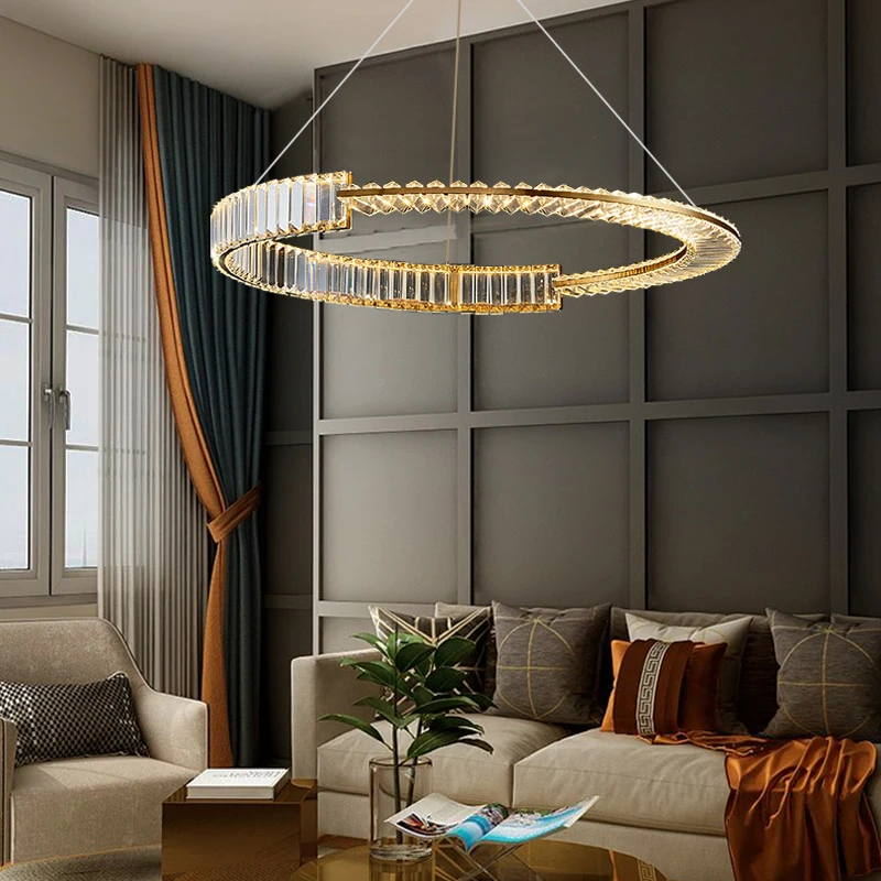 Modern LED Crystal Chandeliers Dimmable Remote Control 1 Rings Adjustable Pendant Light Stainless Steel Ceiling Lighting |