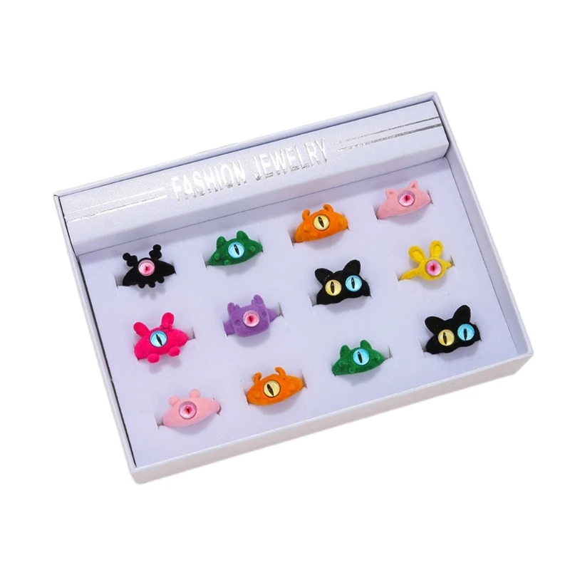 

Pack of 12 Big Eyed Little Creatures Open Rings Women Flocking Jewelry Accessory NEW