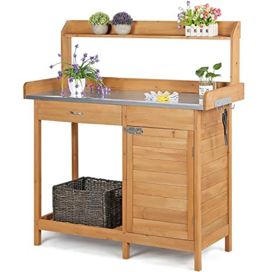 Outdoor potting bench table work station for gardening: natural wood brown weather-resistant with cabinet drawer top shelf and