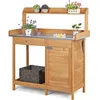 Outdoor potting bench table work station for gardening: natural wood brown weather-resistant with cabinet drawer top shelf and