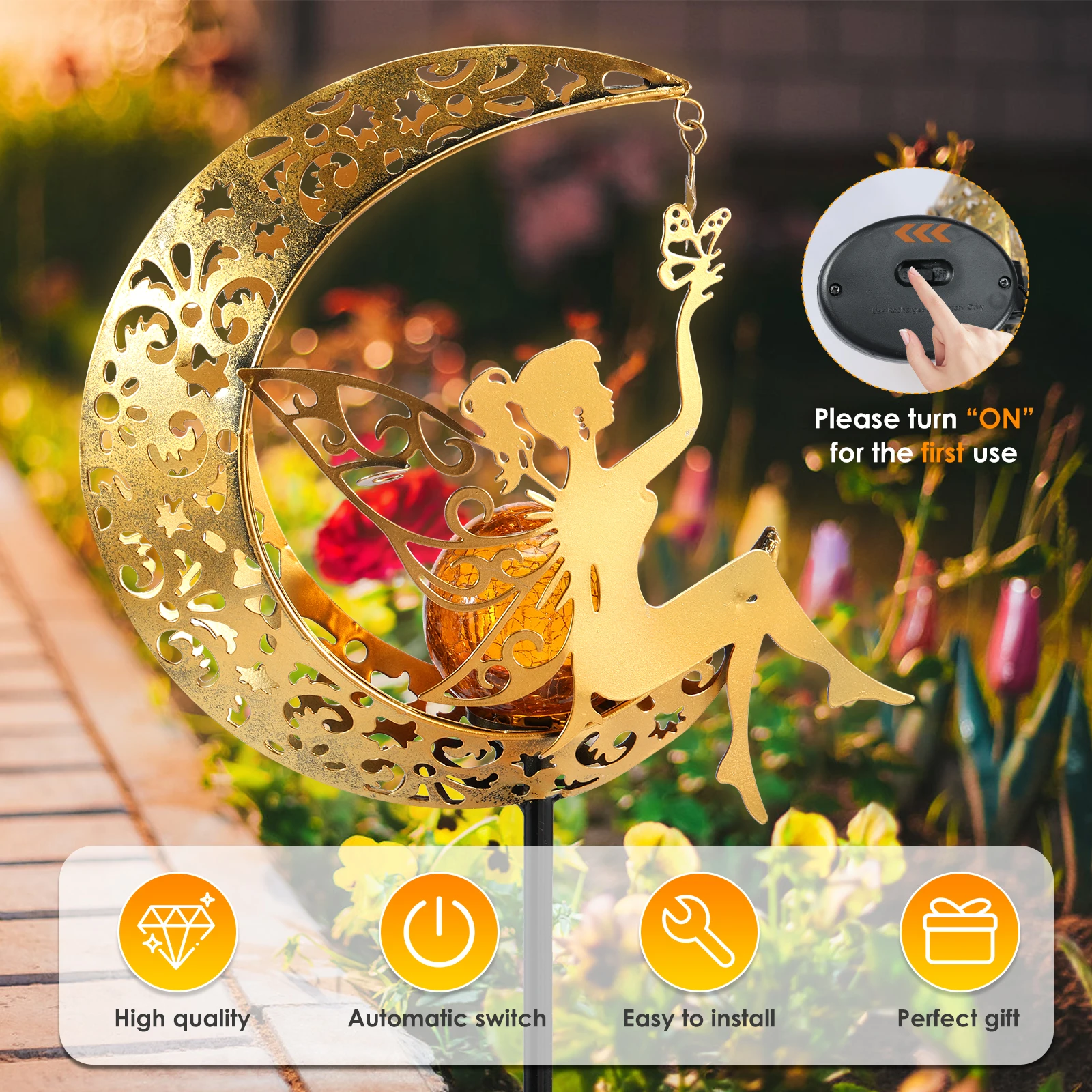 Garden Solar Moon Fairy Lamp Waterproof Outdoor Walkway Lights LED Metal Stake Ornament for Walkway Yard Lawn Patio Garden Decor