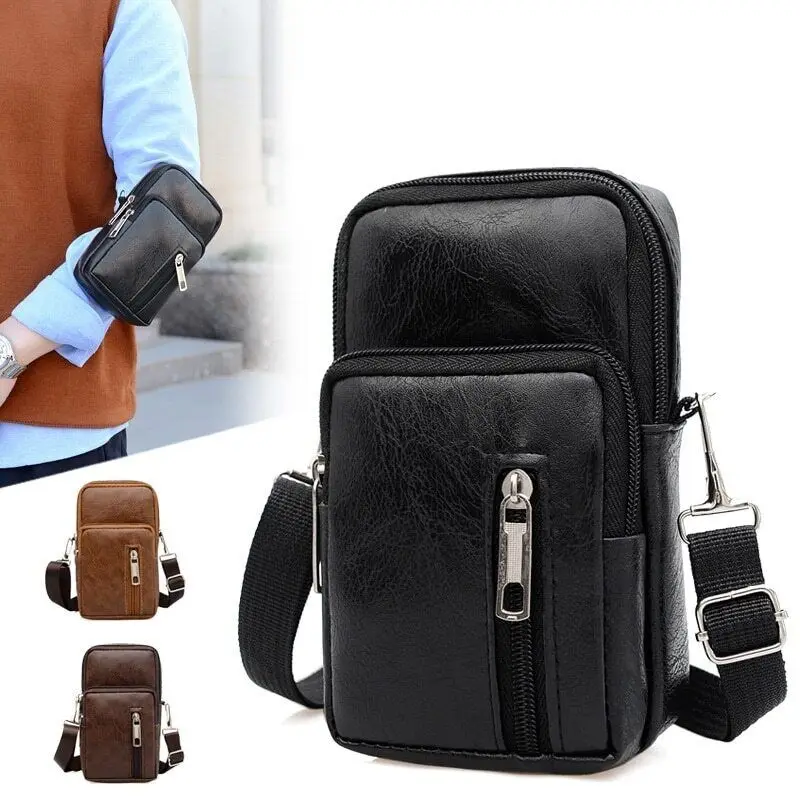 

Men Leather Waist Bag Belt Bag Multi-layer Buckle Mobile Phone Bag Bum Pouch