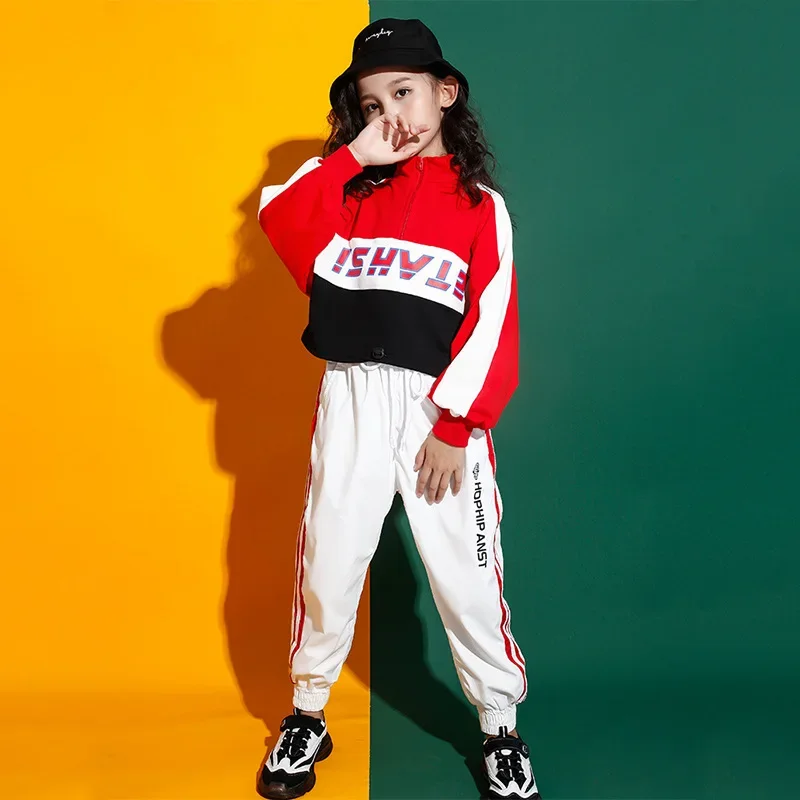 

Girls Hip Hop Dance Costumes red Jacket White Pants Street Stage Clothes Child Dance Jazz Outfits Performance Wear Korean