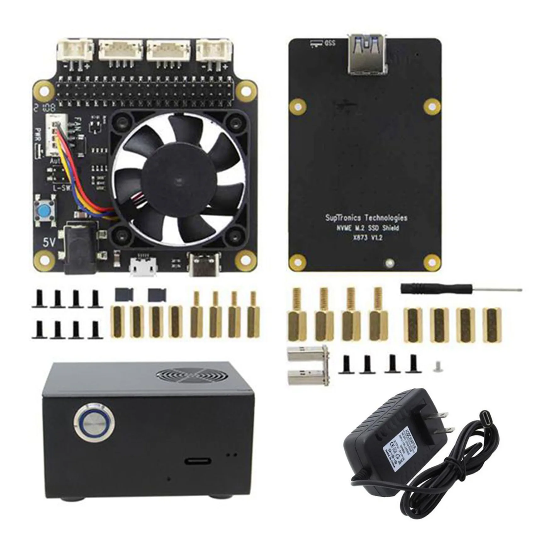 

X873 V1.2 NVME M.2 Expansion Board+X735 V2.5 Power Management&PWM Cooling Fan Board+Case for Raspberry Pi 4B(US Plug)