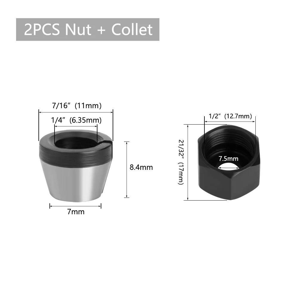 LAVIE 2-teiliges Set 6mm, 6,35mm oder 8mm Spannzangenfutter mit Mutter für Gravur- und Trimmmaschinen, Elektrofräser-Zubehör – Detail 3