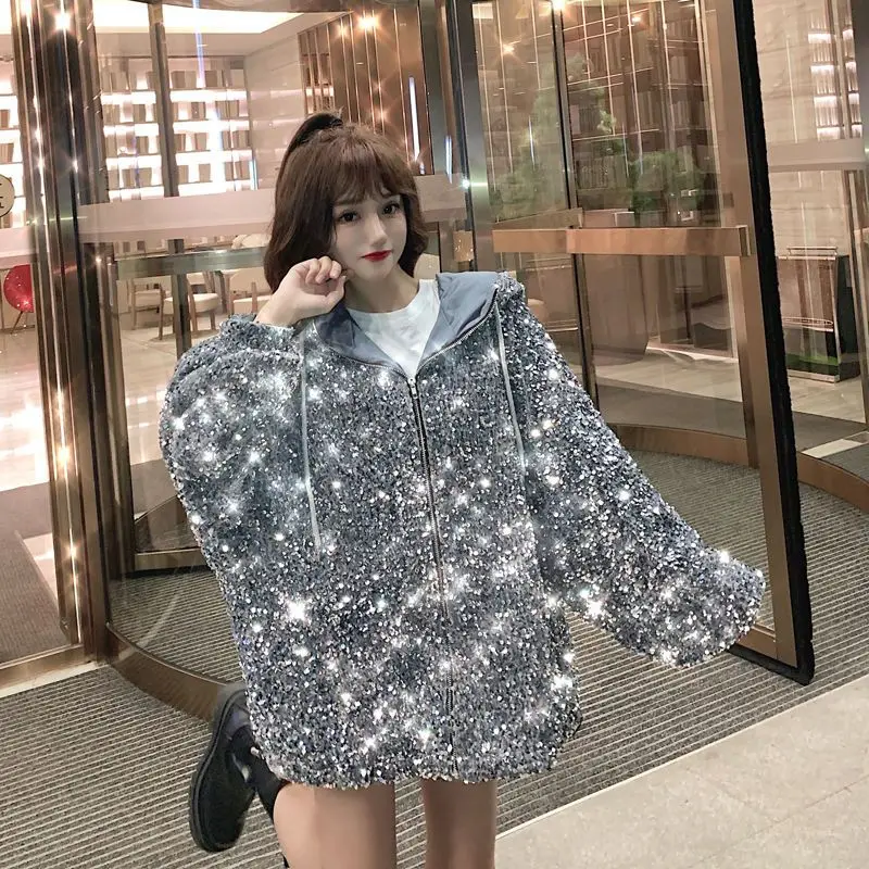 New Spring Autumn Shiny Starry Sky Sequins Hooded Jacket Loose Zip Cardigans Top Thicken Quilted Women Cotton-padded Coat