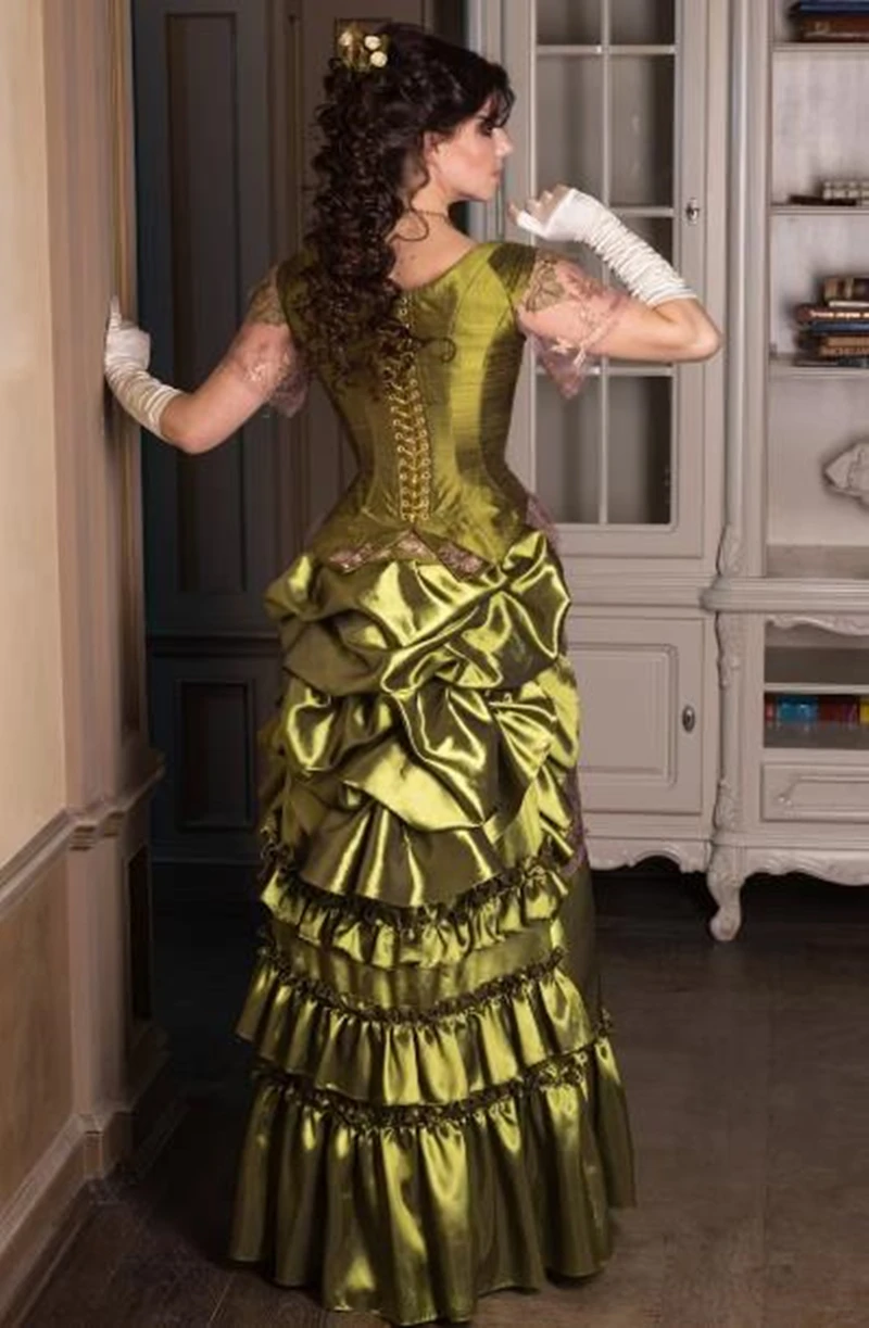 Vintage Evening Dresses Victorian Bustle Short Sleeves Pleats Ruffle Corset  | eBay