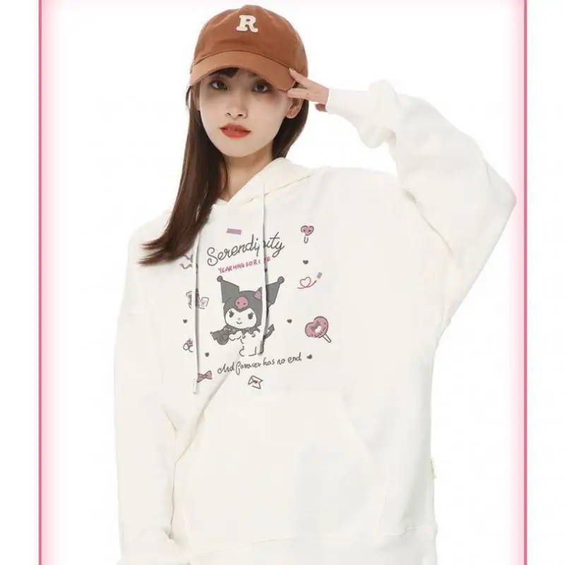 

Anime Cartoon Sanrio Hello Kitty Kuromi Cinnamoroll Women's Hooded Sweatshirt Autumn Winter Printed Plus Velvet Long-Sleeved Top