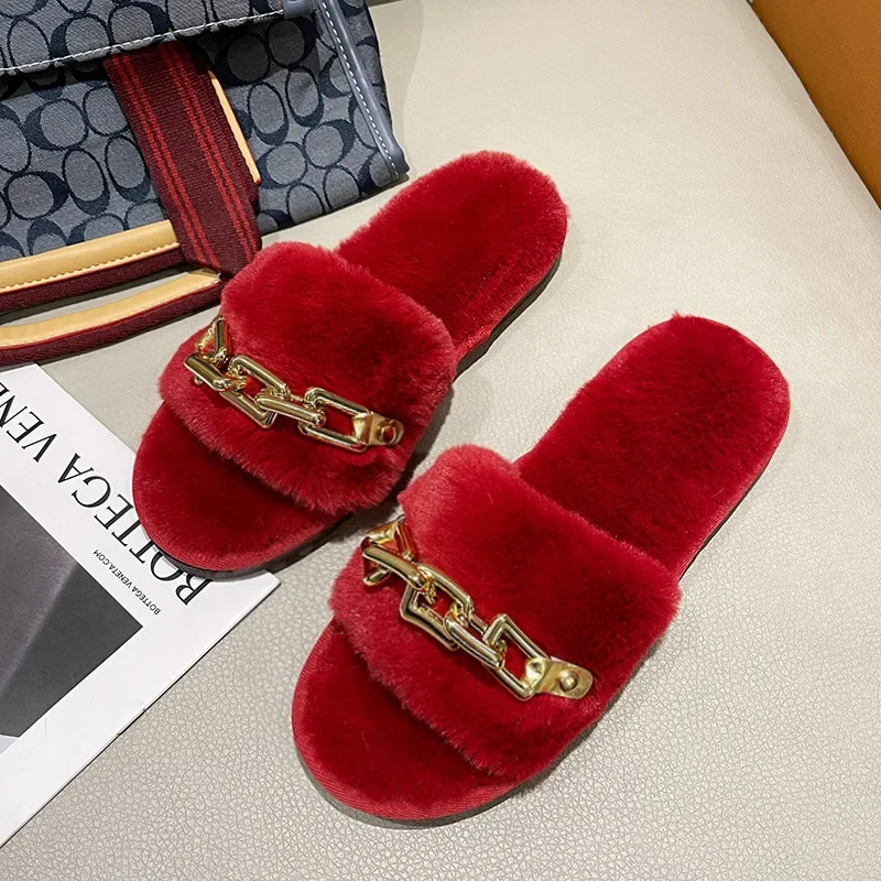 Winter Plush Slippers Women Fashion Open Toe Solid Color Women's Slides Metal Chain Indoor Casual Floor Warm Slippers Home Shoes