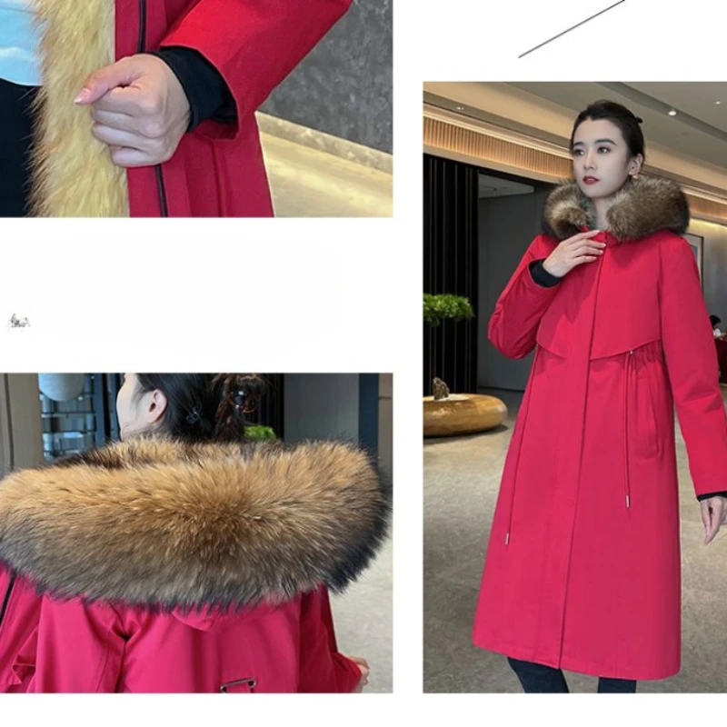 2023 New Women Faux Fox Fur Liner Detachable Long Below The Knee Parkas Mink-like Fur Coat Plus Size Thicken Warm Hooded Outwear