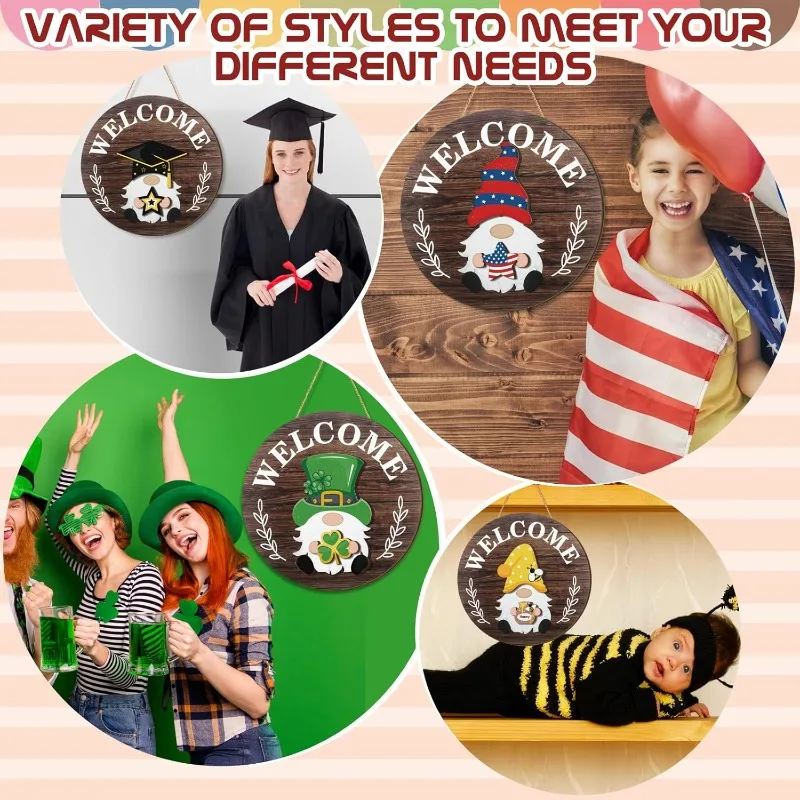 11style Gnome Interchangeable Seasonal Figures Wooden Decor Set with Magnetic Pieces Detachable Hats & Changeable Welcome Sign P