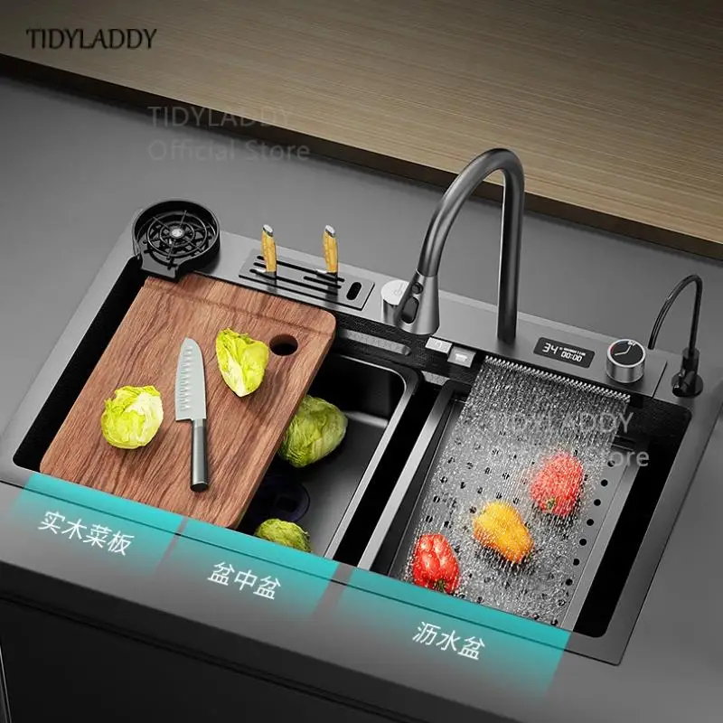 304 Stainless Steel Kitchen Waterfall Sink Digital Display Honeycomb Sink with Multifunction Waterfall Kitchen Accessories