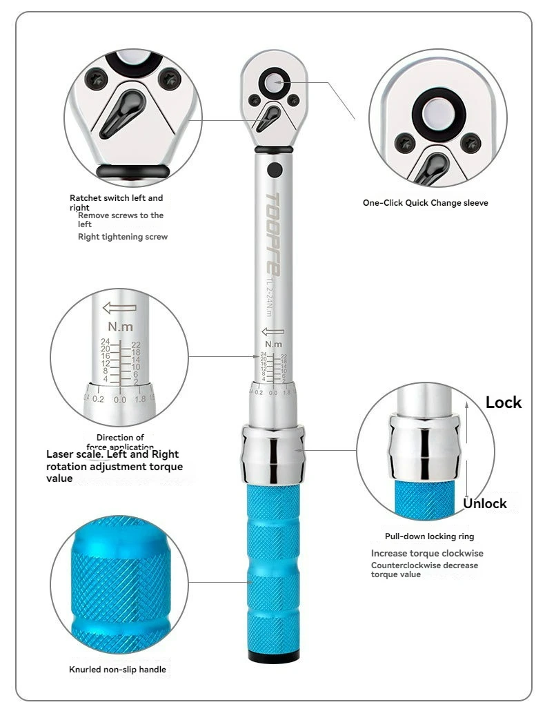 TOOPRE MTB Rennrad Fahrrad Voreingestellter Drehmomentschlüssel 2 Nm bis 24 Nm Präzises Instrument Langlebiger Sechskant T25 Inbusschlüssel S2 Prime Steel – Detail 2