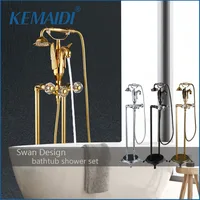 KEMAIDI Retro Freestanding Bath Shower Set Bathroom Shower Faucet Set Swan Design Faucets Mixer with Crystal handwheel Hot Cold 1