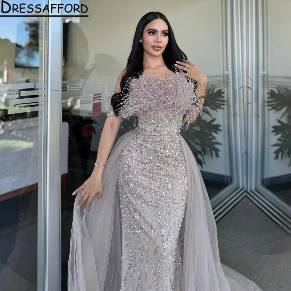 

Nude Diamond Feather Mermaid Elegant With Overskirt Evening Dresses Gowns 2023 For Women Wedding Party