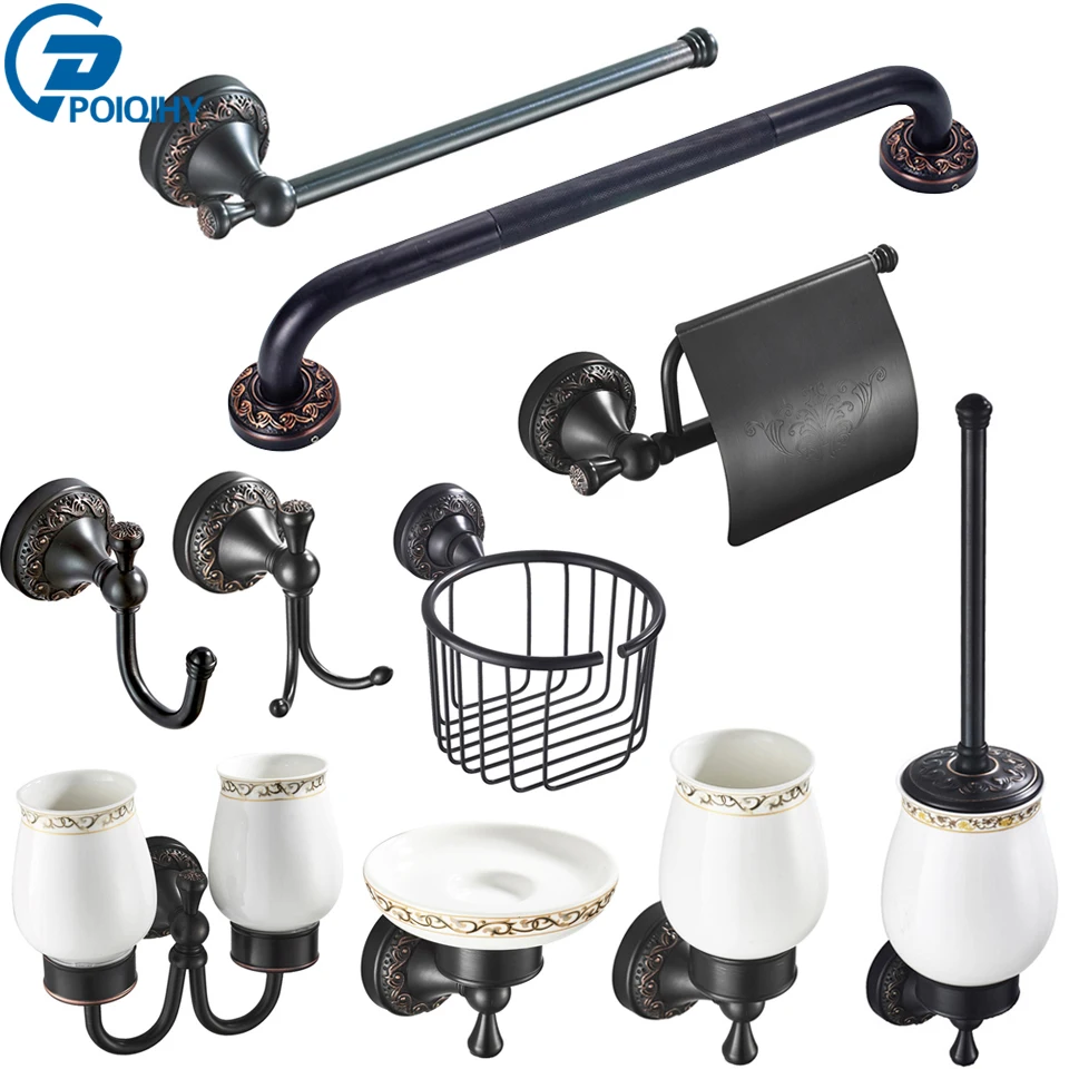 Bronze Black Bathroom Hardware Set Carved Paper Holder Bathroom Accessories Wall Mounted Toilet Brushed Holder Towel Bar Hooks