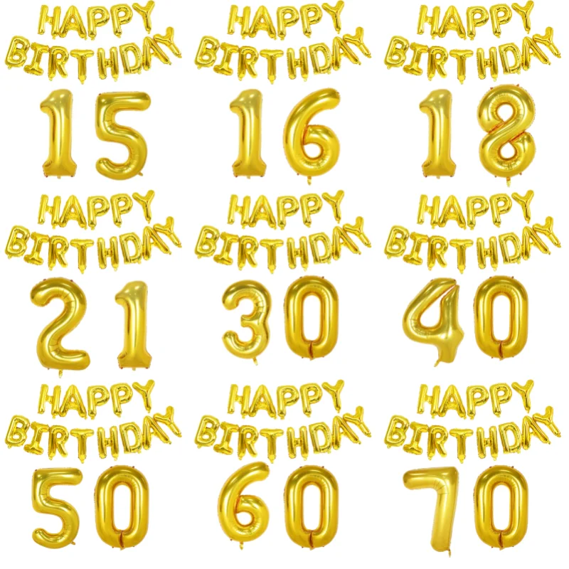 Gold Happy Birthday Zahlen-Folienballons für Erwachsene, Party-Dekoration, Mann und Frau, 14, 15, 16, 17, 18, 21, 30, 40, 50, 60, 70 Jahre alt, Weihnachten