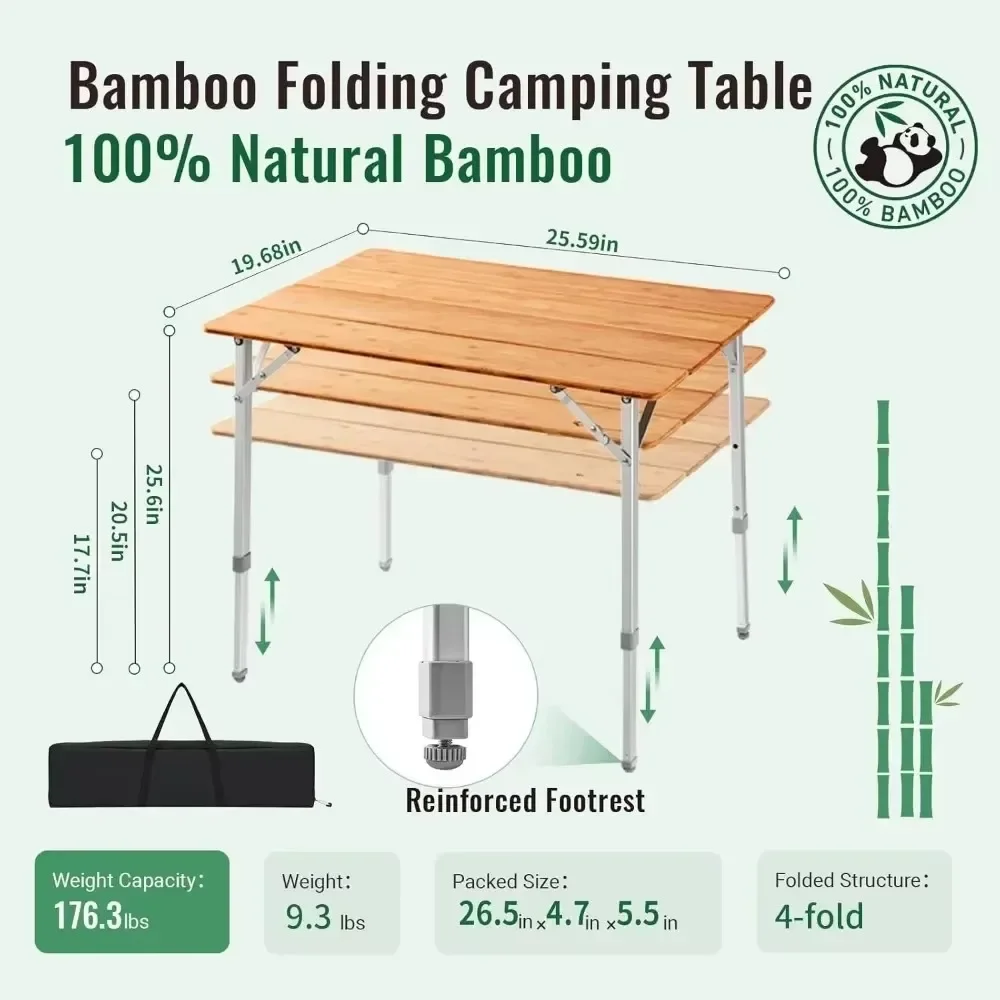 Bamboo Folding Table Portable Camping Table Adjustable Height Camping for Travel Picnic Beach Outdoor and Indoor Tables