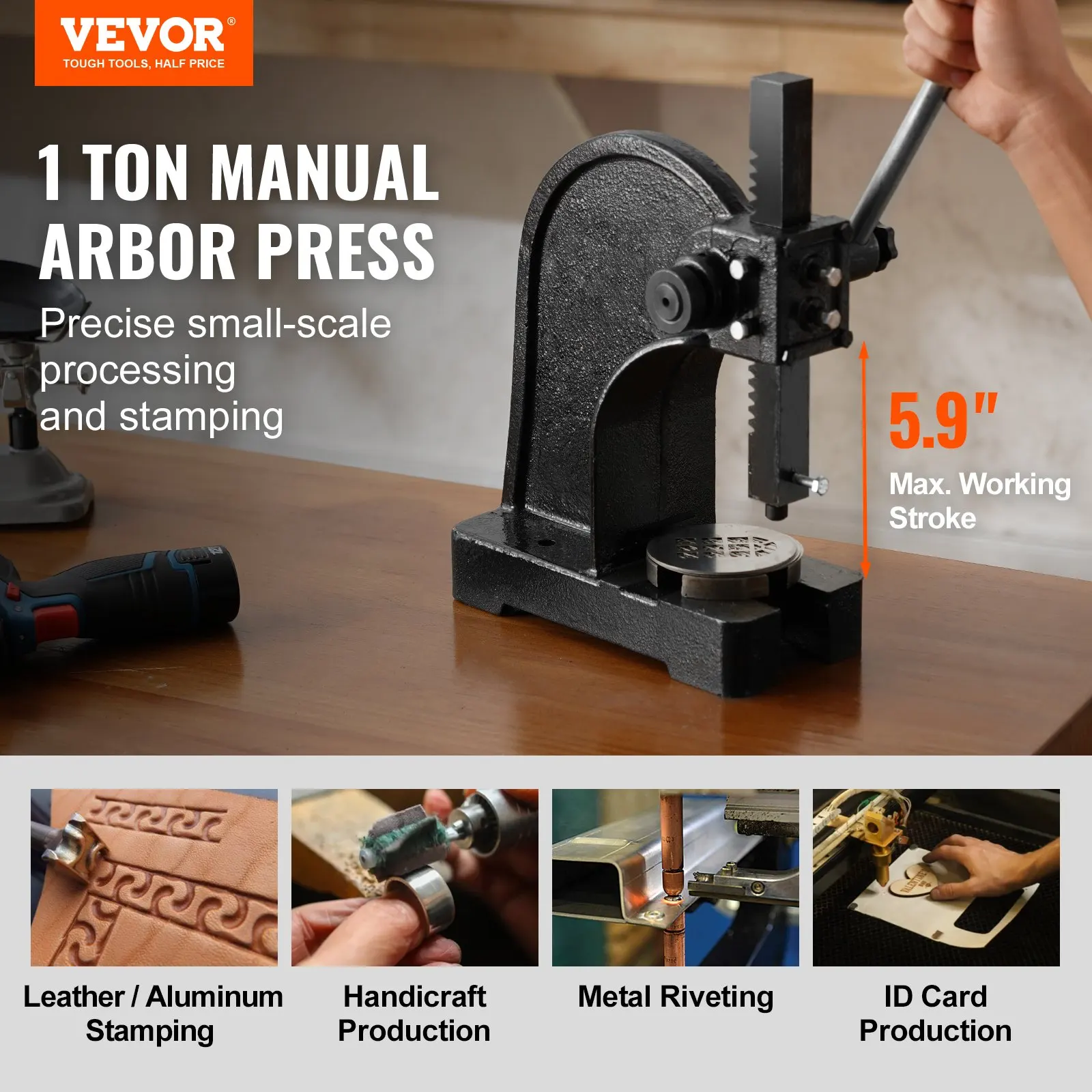 Arbor Press, 1 Ton Manual Arbor Press, 5.9" Maximum Height, Cast Iron Heavy-duty Manual Desktop Precision Hand