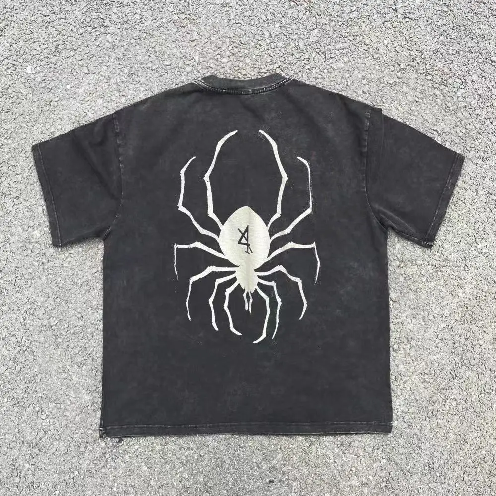 

European and American style washed and distressed trendy vintage style spider print short-sleeved ins T-shirts for men and women