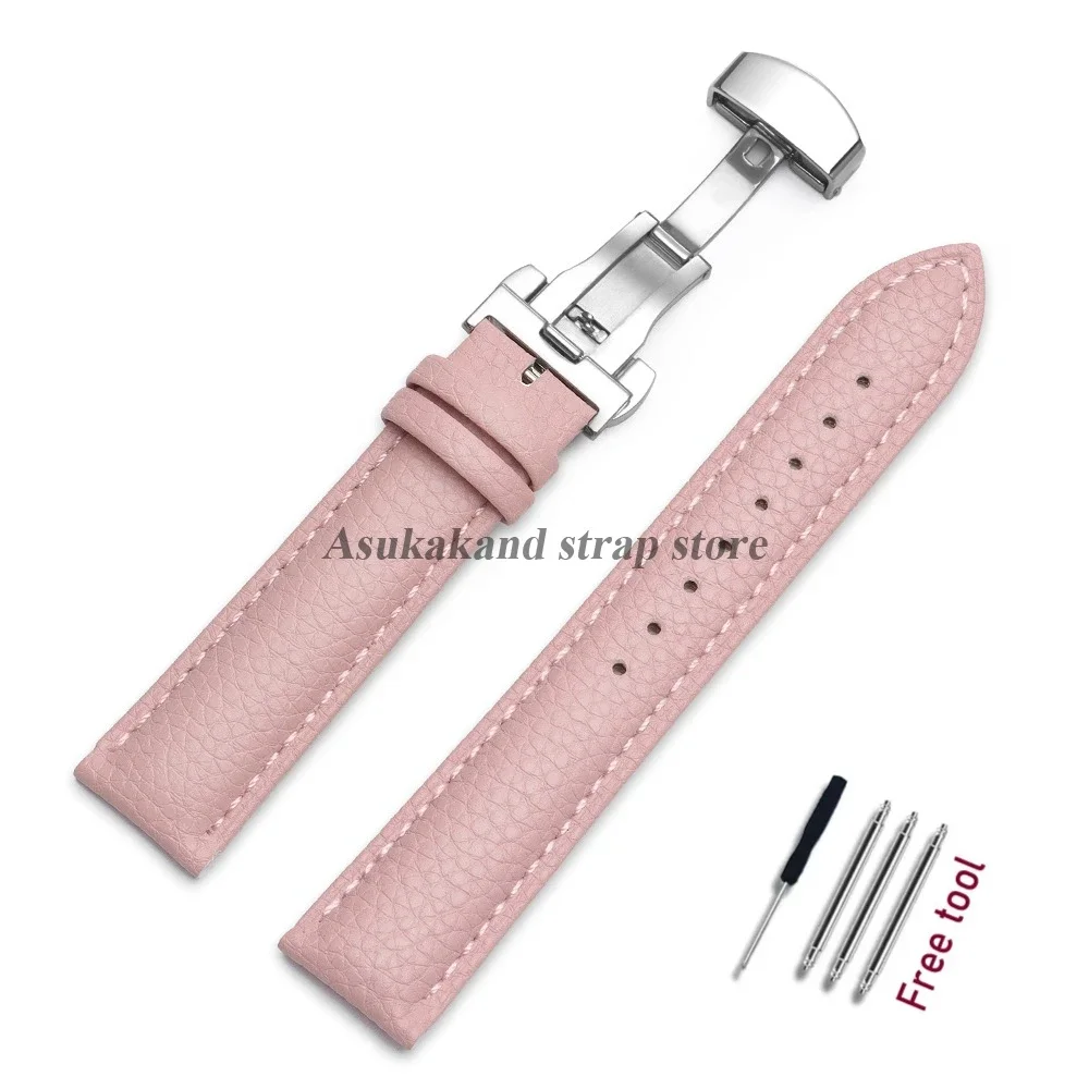 Premium Calfskin Litchi Leather Watch Strap with Butterfly Buckle