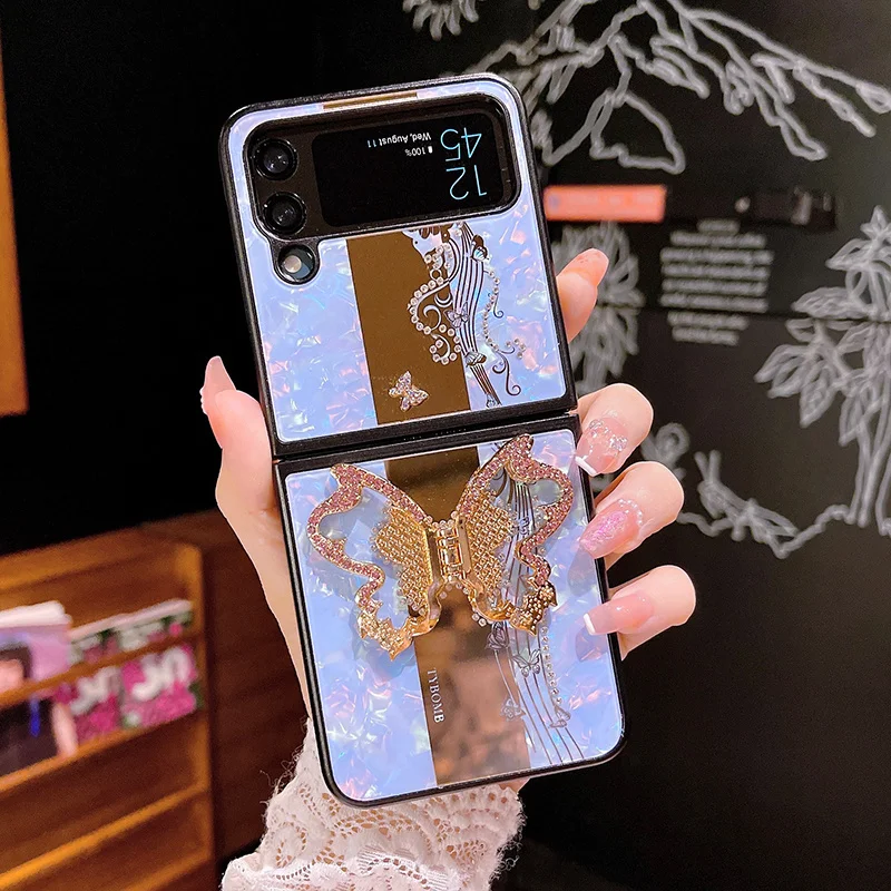 

Luxury Rhinestone Glitter Butterfly Bracket Phone Case For Samsung Galaxy Z Flip 4 Zflip3 ZFold4 Fold 3 4 5G Cover With Holder