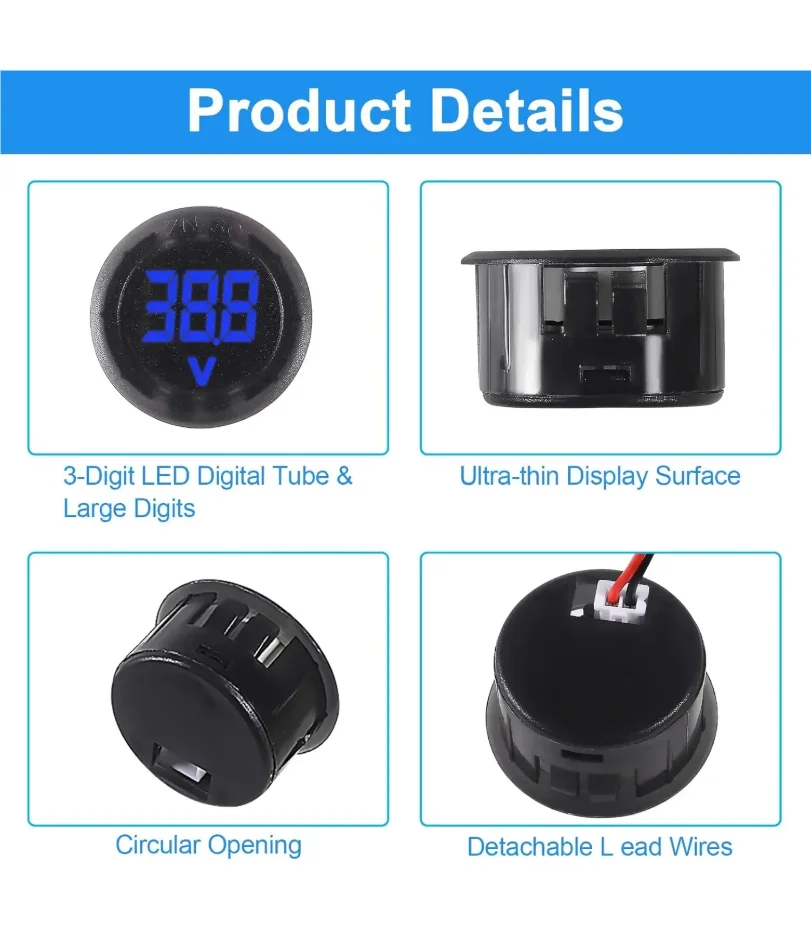 4개 DC 4-100V 자동차 전압 게이지 LED 디지털 디스플레이 12V 24V 방수 볼트미터 원형 전압계 볼트 감지기 테스터