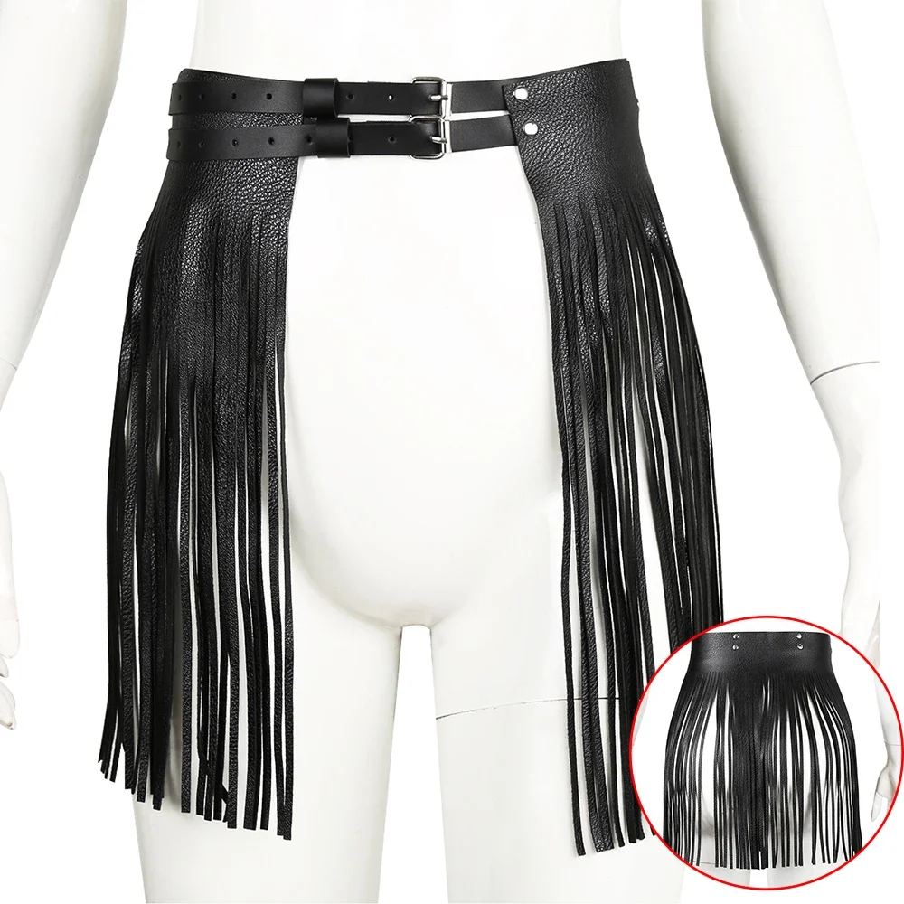 Women Adjustable Faux Leather Waistband Skirts Sexy Fringe Tassel Skirt Double Waist Belt Halloween Nightclub Party Wear Skirts