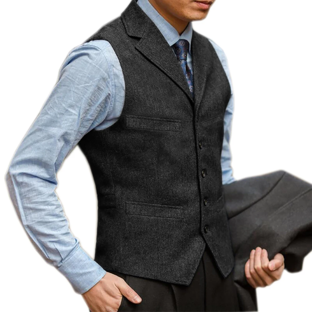 Men's British Herringbone Tweed Suit Vest Business Formal Dress Waistcoat Notch Lapel Sleeveless Casual Vest